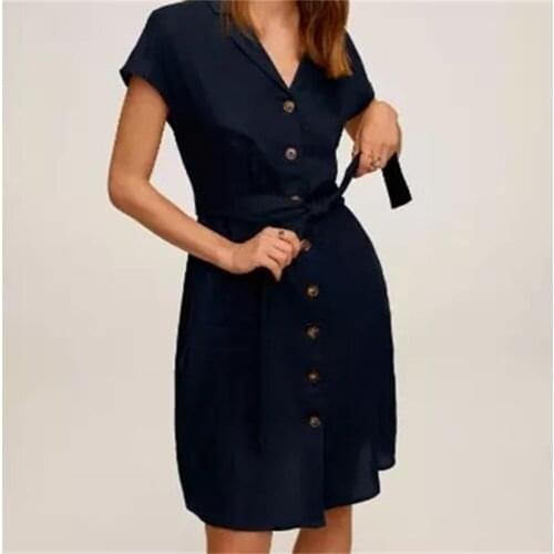 V-Neck Linen Bat Dresses 2021 Summer Womens New Short-Sleeved Waist Slimming Bow Tie Belt Button Ornaments and Knee Dress