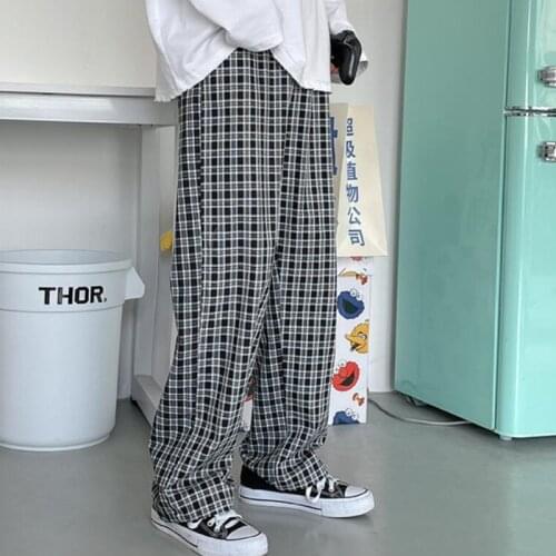 Spring Summer Plaid Casual Pants Mens Korean Fashion Loose Straight-leg Pants Men Harajuku Streetwear Retro Wide-leg Pants Men