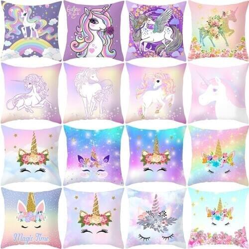 Cartoon Purple Unicorn Series Cushion Cover Polyester Pillow Case Home Decorative Pillows Cover for Sofa Car
