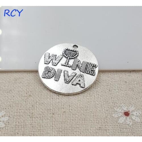 Top Quality 5 Pieces/lot 25mm Round Disc Letter Printed wine diva charms wine charms for jewelry making