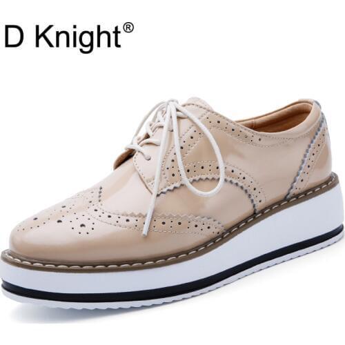 Retro Oxfords For Women Lace up Brogue Shoes Patent Leather Flats Platform Shoes Woman British Style Female Footwear Big Size 40