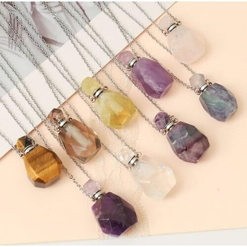 Reiki Natural Stone Pendant Necklace Amethysts Fluorite Quartz Pink Crystal Essential Oil Diffuser Perfume Bottle Necklace Party