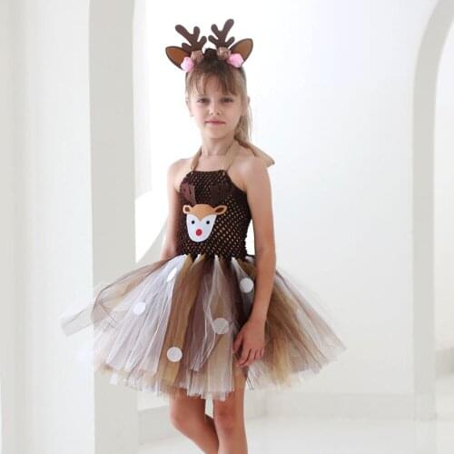 Baby Girls Christmas Deer Dress with Headband Kids Clothes Girls Dresses Children Tulle Tutu Dress Kids Party Cosplay Costume