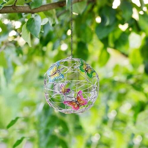 Solar Lighted Hanging With Colorful Butterflies-Wind Weather Hanging Mesh Orb With Butterflies Metal Butterfly Graden Tree Decor