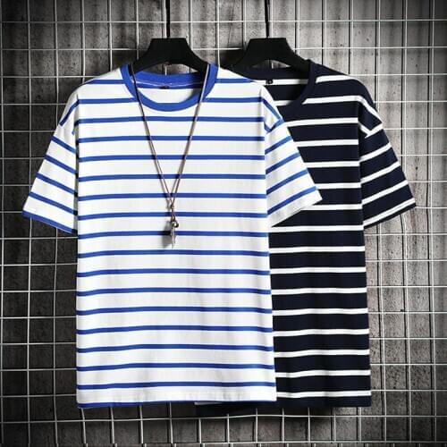 Young Mens Cross-White Stripes Casual T Shirt Students Mens Short-Sleeved T-shirt New Summer New Korean Style Loose T-shirt