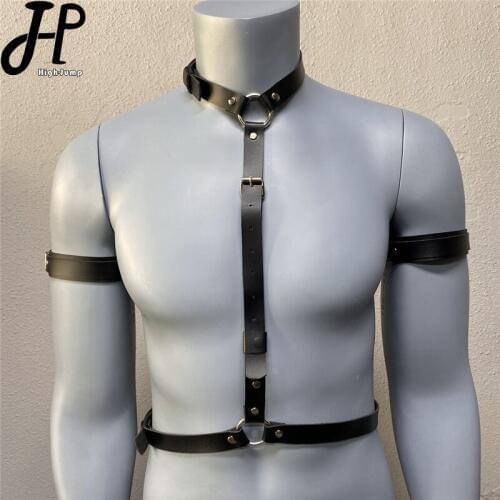 Fetish Men Leather Chest Harness with Armband Gothic Adjustable BDSM Body Bondage Cage Harness Belts Punk Rave Gay Clothing