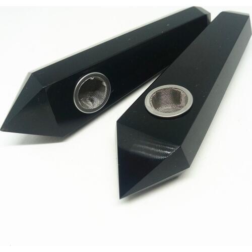 Drop shipping 1pcs 4inches natural obsidian gem stone quartz tobacco tube black crystal wand pipe healing with Metal mesh