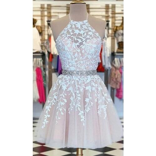 Pink Short Tulle Elegant Homecoming Dresses 2021 Halter Neck Short/Mini Length Robe with Rhinestones Appliques Prom Party Dress