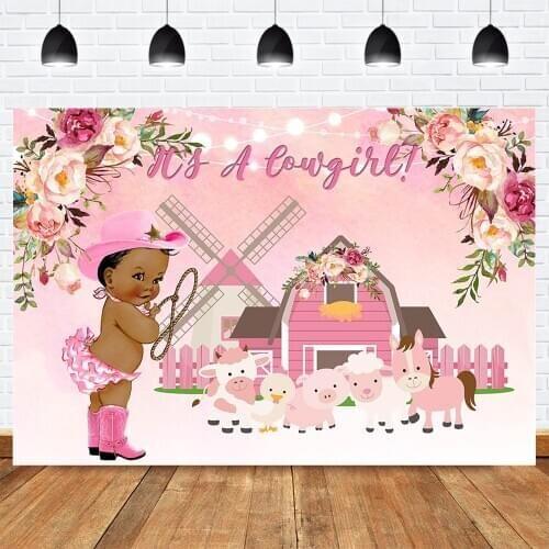 Pink Cowgirl Baby Shower Photography Backdrop Farm Newborn Cow Animals Background Windmill Flowers Cowboy Birthday Backdrops