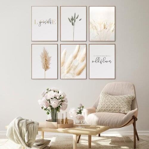Self-adhesive Wall Sticker Plants Natural Pampas Grass Landscape Poster and Print Love Yourself Quote Wall Art Living Room Decor