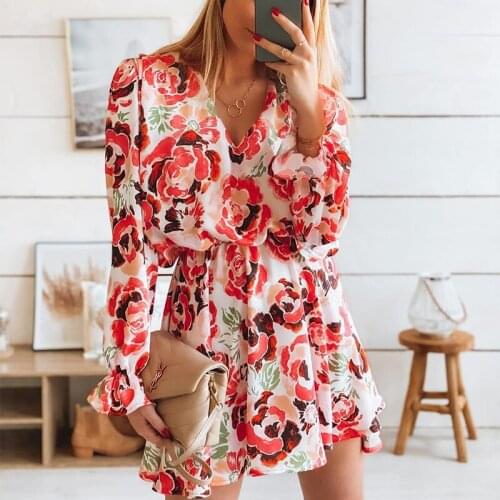Foridol Floral Pring Chiffon Autumn Flower Boho Dress Women Short Casual Plus Size Red Party Dress Loose Long Sleeve Vestidos