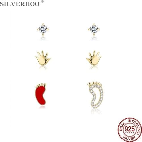 SILVERHOO Genuine 925 Sterling Silver Trendy Hands And Feet Cute Earrings Sets For Women Round CZ Tiny Stud Earring Fine Jewelry