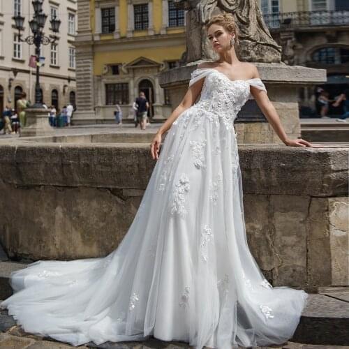 Off the Shoulder Appliques A-Line Wedding Gowns Lace up Back 3D Flower Custom Made Vestido De Noiva Bridal Dress