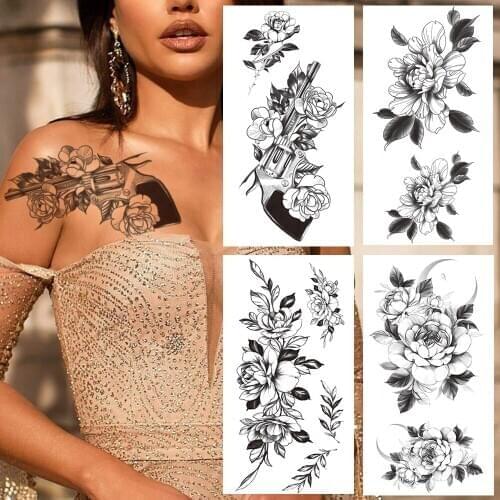 Gun Flower Temporary Tattoo For Women Black Sweatpea Tattoos Sticker Rose Camellia Moon Waterproof Tatoo Sheet Painting Shoulder
