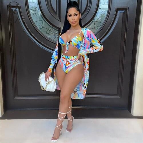 VAZN 2021 Summer Sexy Bandage Bodycon Sleeveless Swimming Bikini Beach Suits 3 Piece Set Women Top And Pant