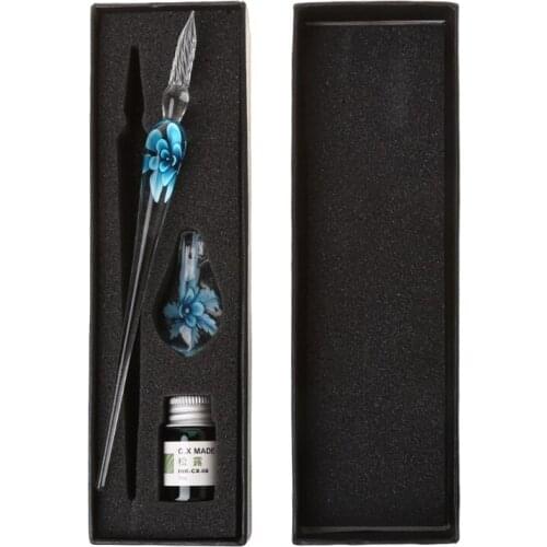Vintage Handmade Art Elegant Crystal Floral Glass Dip Pen Sign Ink Pens Gift G88D