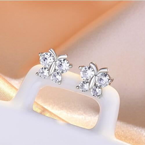 Vintage Animal Silver Color Stud Earrings Female Cute Butterfly Crystal Stone Earrings White Zircon Wedding Earrings For Women