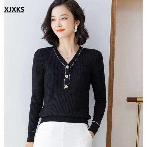 XJXKS 2021 autumn new fashion V-neck long-sleeved women sweater casual women wool knitted sweater thin pullover