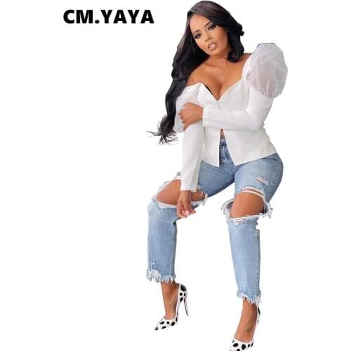 CM.YAYA Women T-shirt Solid Mesh Puff Full Sleeve V-neck Sheath Elastic Tops Office Lady High Streetwear Fashion Clothing 2021