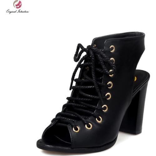 Original Intention Women Sandals Fashion Lace-Up Square Heels Sandals Soft Leather Black Beige Shoes Woman Plus US Size 4-16