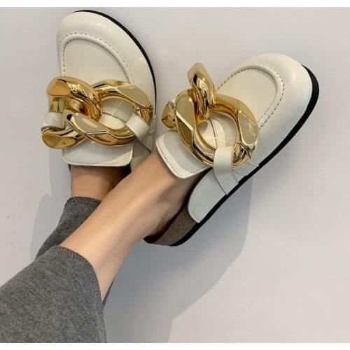 Women Round Toe Mules Shoes Gold Metal Chains Casual Flats White Leather Platform Spring Slippers Thick Sole Black Espadrilles