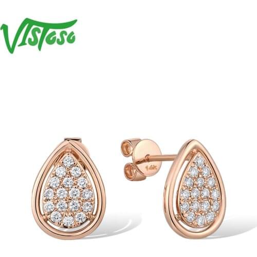 VISTOSO Gold Earrings For Women 14K 585 Rose Gold Sparkling Diamond Cute Heart Stud Earrings Fashion Lovely Gift Fine Jewelry
