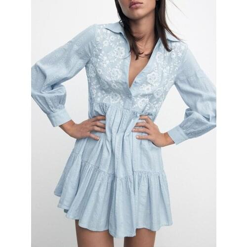 ZA early autumn new female temperament lapel was thin and loose ruffled cotton jacquard embroidery mini long-sleeved dress