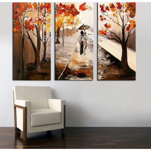 100% handmade canvas wall paintings Lover Walking landscape Painting 3 panel canvas art home decoration canvas painting