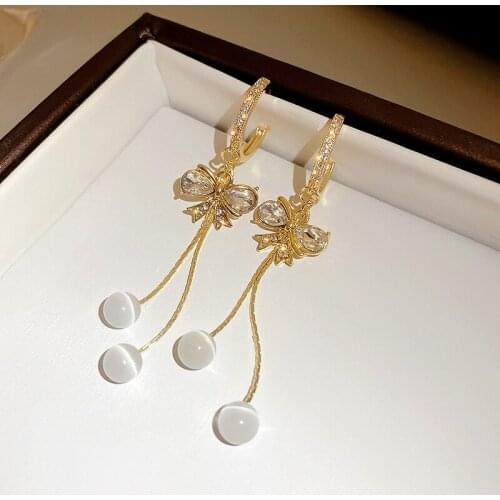 2021 New Rhinestone Buckle Earrings Korean Fashion Luxury Zircon Inlaid Bowknot Opal Stone Drop Earrings for Women Jewelry