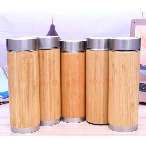 25pcs Bamboo Stainless Steel Water Bottle Vacuum Insulated Coffee Travel Vacuum Cup With Tea Infuser Strainer Wooden Bottle