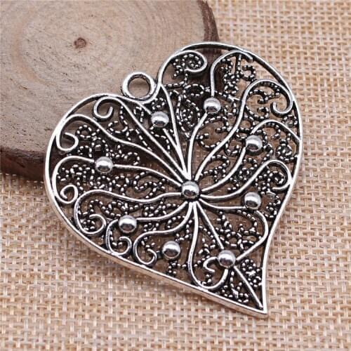 5pcs 52x52mm antique silver Hollow carved heart shape charms diy retro jewelry fit Earring keychain hair card pendant
