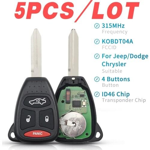 5PCS/LOT 4 Button 315mhz KOBDT04A Car Remot Control Key for Dodge Chrysler Jeep Dakota Durango Charger 300 Aspen Grand Cherokee