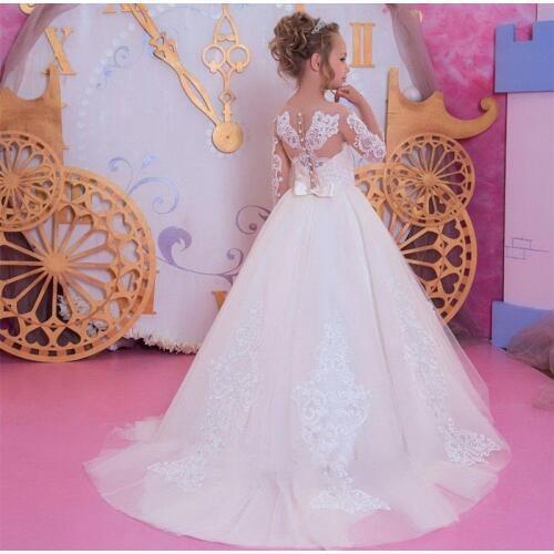 White Lace applique Flower Girl Dresses For Wedding Cascading Party Long sleeve Princess Girl Formal Dress First Communion Dress