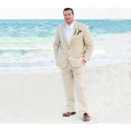 Beige Beach Wedding Men Suits Plus Size Terno Tuxedos Groom Wear 2 Pieces(Jacket+Pants)Groomsman Prom Suits Blazer Costume Homme