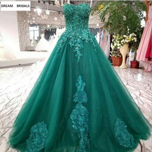 Green Shiny Fabric Long Evening Dresses Abendkleider Customized Appliques Beading Lace Formal Prom Dresses Abiye Gece Elbisesi