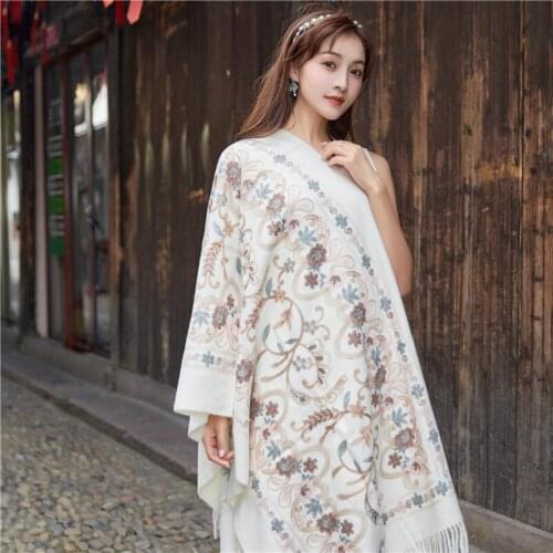 Artificial Cashmere Tassels Pashmina Shawls Autumn Warm Women Scarf Wrap Large Size Cape Bufanda Embroidery Echarpes Poncho