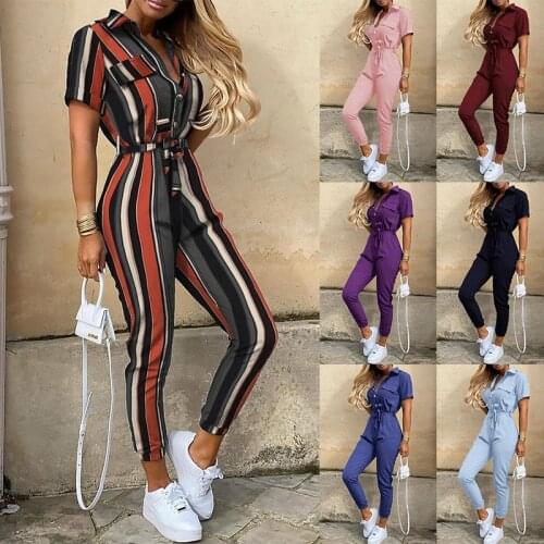 Summer Women Jumpsuits Shorts Sleeve Striped Rompers 2XL Causal Buttons Bodysuits with Waistband Streetwear Overalls Cargo Pants