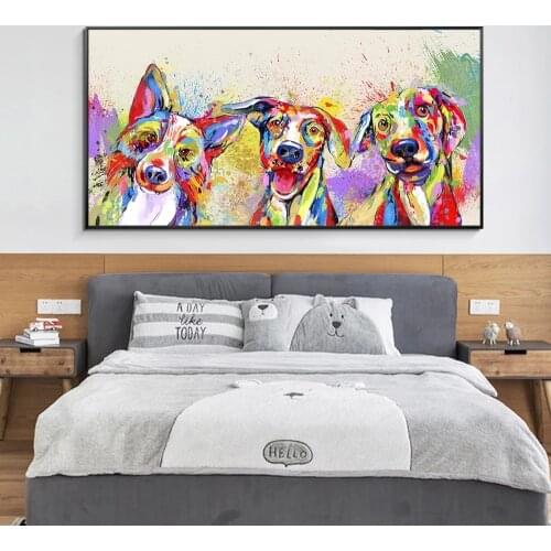 Colorful Three Dog Canvas Print Paintings Abstract Animal Wall Art Modular Decorative Pictures For Living Room Kid Bedroom Decor