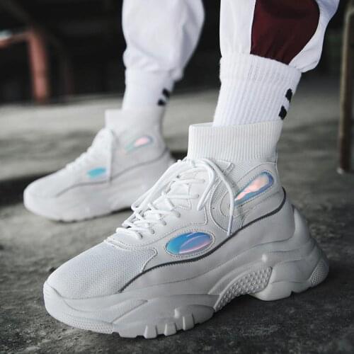 Platform Sneakers Sock Trainers Men Running Shoes Sports Women Sport Sneakers for Men Thick Soles Large Wihte Reflective A-378