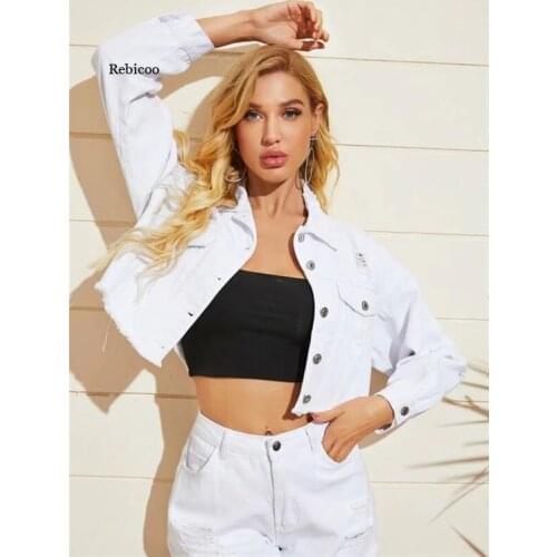 Autumn Women Sexy Ripped Denim Jackets Vintage Casual Short Jean Jacket Puff Sleeve Winter Female Coat Streetwear Plus Size