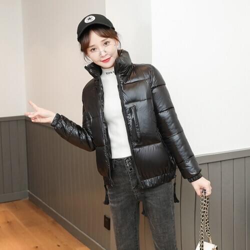 2021 Glossy Down Padded Jacket Short Stand Coats Black Autumn Winter Loose Korean Style Winter Clothing Womens Slim Warm Casaco