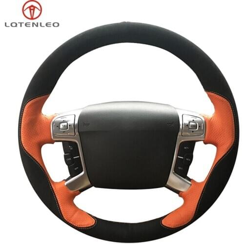 LQTENLEO Black Suede Orange Leather Car Steering Wheel Cover For Ford Mondeo Mk4 2007-2013 S-Max 2006-2011 Galaxy 2011-2015
