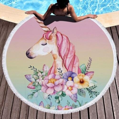 Cute Unicorn Series Microfiber Beach Towel with Tassel 150cm Round Sport Yoga Blanket Swimming Bath Towel