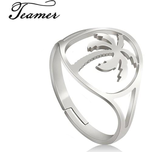 Teamer Fashion Stainless Steel Rings for Women Girl Coconut Tree Beach Finger Ring Jewelry Accessories Valentines Day Gift