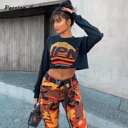 Fashion Women Sweatshirts Hoodies Letter Printed Short Pullovers Loose Dance Punk Party Sweatshirts Long Sleeve Crop Top Hoodie