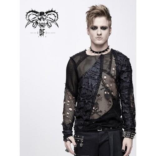Devil Fashion Mens Gothic Broken Hole Skull Pattern T-shirt Rock Sexy Mesh Perspective Slim Fit Club Costume