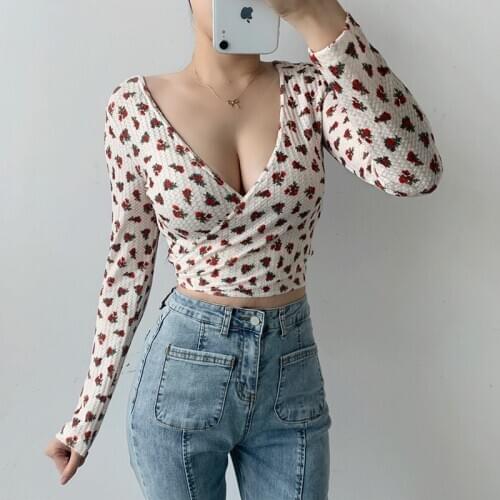 Spring and summer floral long sleeve T-shirt womens cross tie deep V top womens sexy and charming feminine clothes