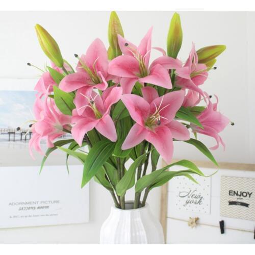 New Artificial 3 Heads Lily High-grade Flower Real Touch Simulation Flower Wedding Home Hotel Office Decoration Fake Flowers
