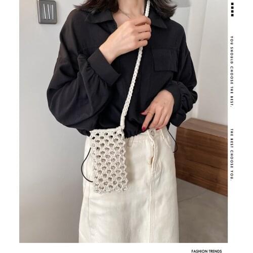 Wholesale Handmade Crochet Cotton Rope Woven Mobile Phone Bag Beach Vacation Macrame Small Square Shoulder Bag
