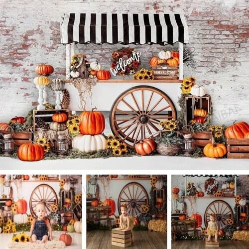 Autumn Harvest Photography Background Pumpkin Store Brick Wall Wood Stand Farm Market Sunflower Portrait Photo Backdrop Studio